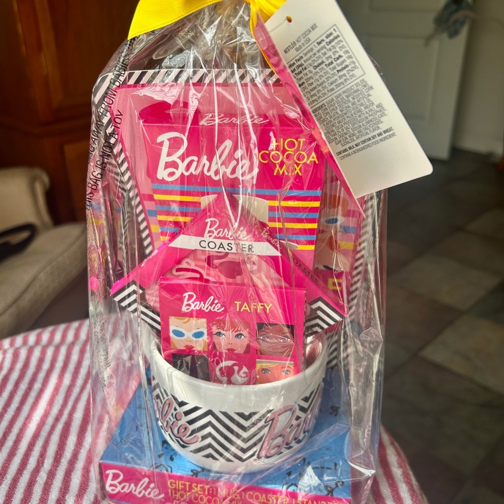 BARBIE CERAMIC MUG & COASTER SET INC CANDY , COCOA GIFT BASKET DELUXE